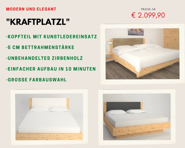 Hochwertiges Bett aus Vollholz Zirbe mit Kunstleder Bezug am Kopfteil. Nicht billig sondern günstig, Top Qualität!